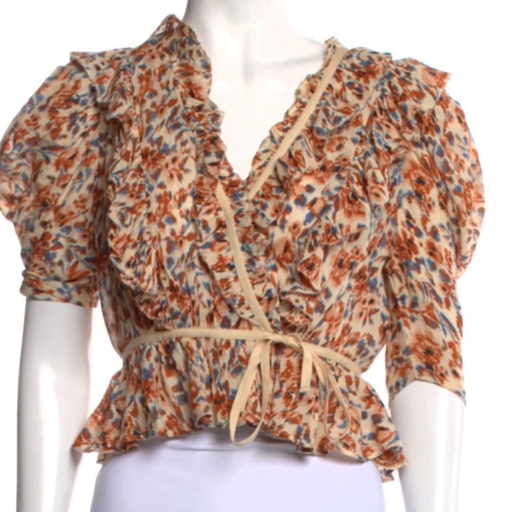 Ulla Johnson Floral Ruffle Blouse - Orange and Blue